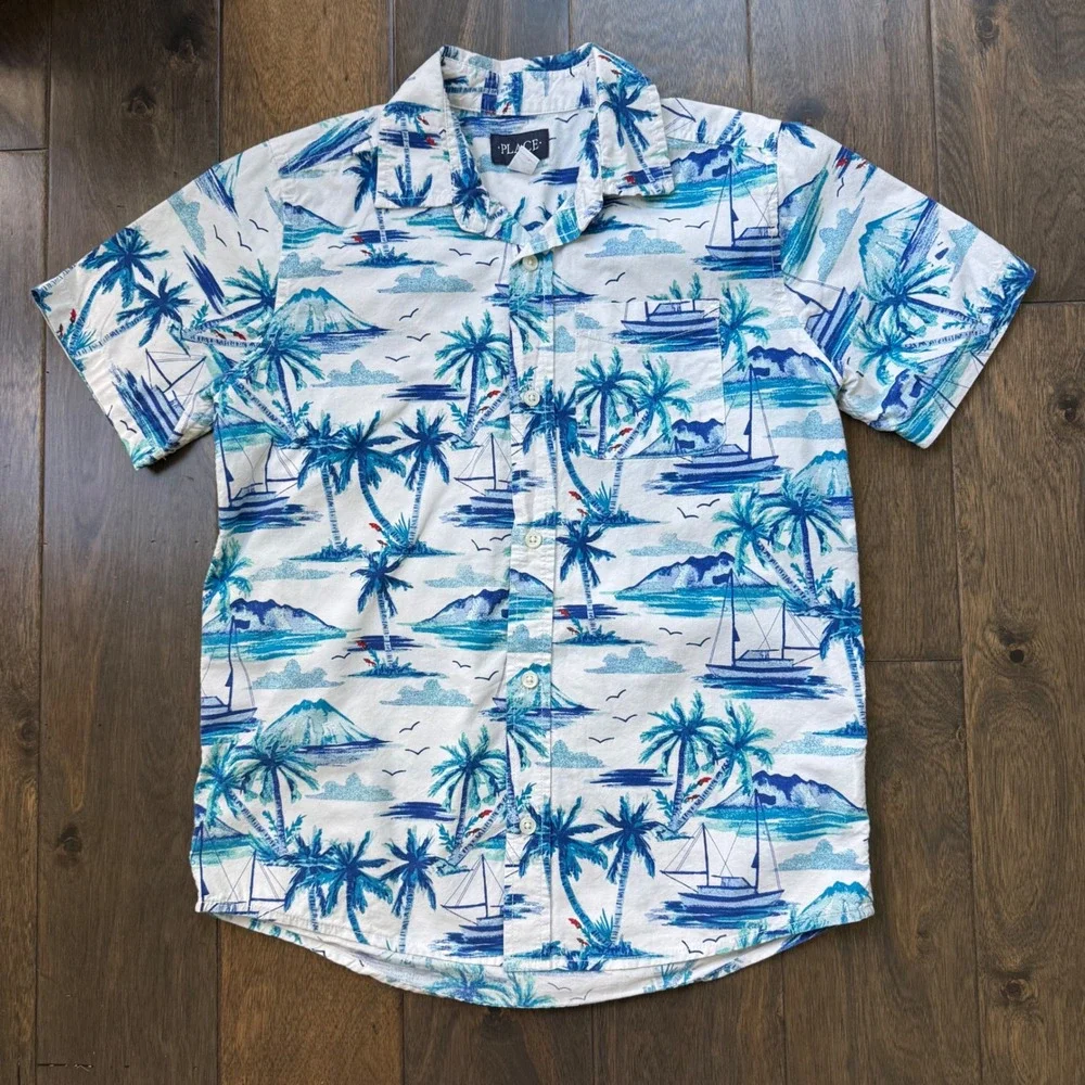 The Children's Place Tropical Button Down Kids 10/12 White‎ Blue Excellent Palm